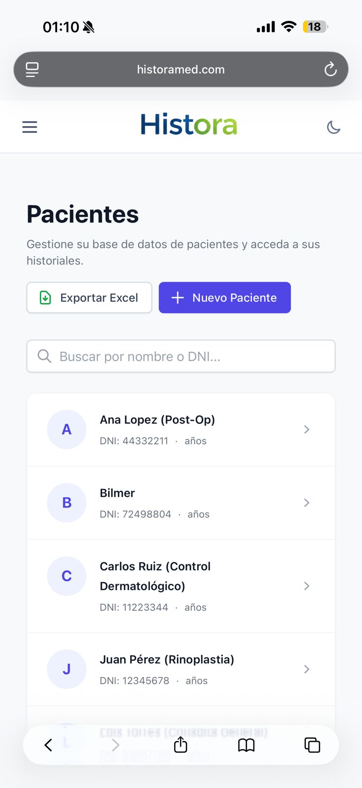 Histora funcionando en celular - acceso móvil a historias clínicas desde cualquier dispositivo